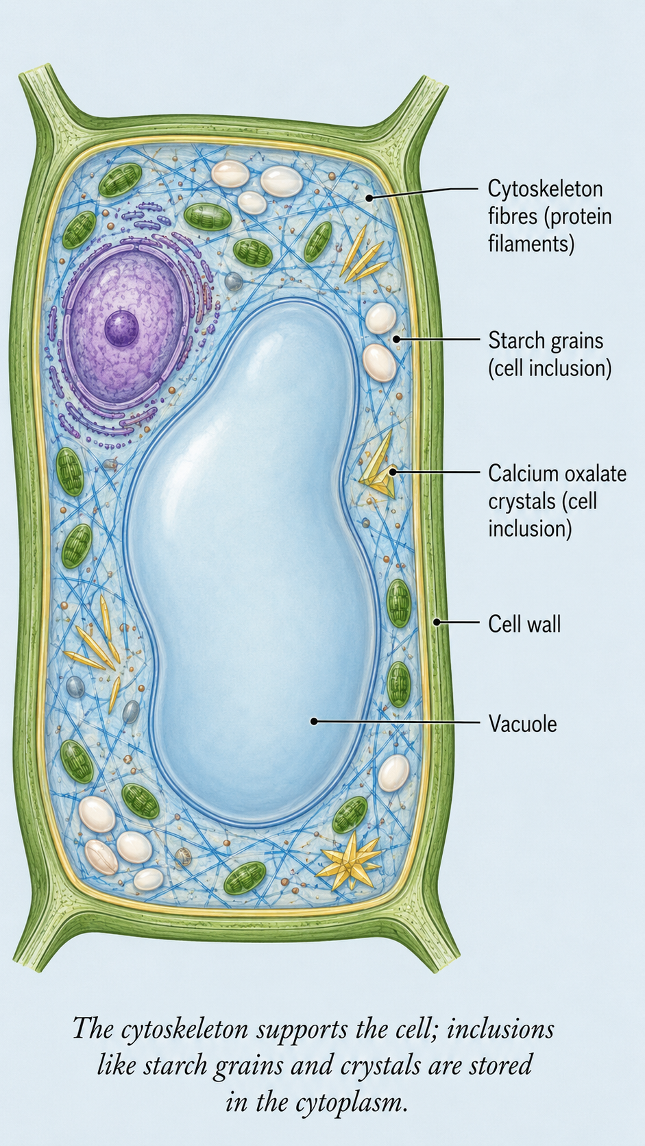 Image: A eukaryotic cell showing a network of fine fibres called the cytoskeleton crossing the cytoplasm, with small starch grains and crystals of calcium oxalate shown as cell inclusions inside a plant cell.