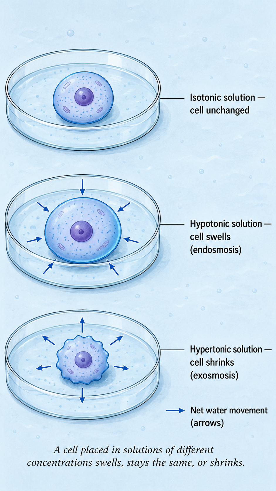 Image: Three dishes showing a cell in isotonic, hypotonic and hypertonic solutions, with the cell staying the same, swelling, and shrinking, illustrating the effect of solutions of different concentrations on a cell.