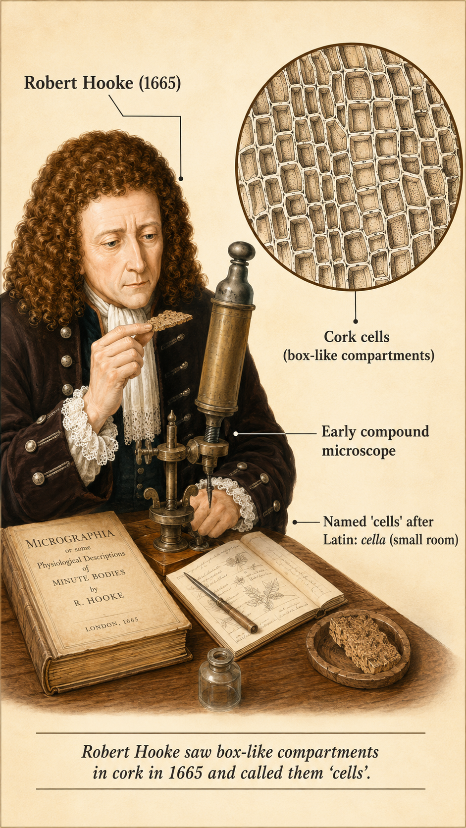 Image: A historical illustration of Robert Hooke looking through his early microscope at a thin slice of cork, with a drawing of the box-like cork cells he observed and named cells in 1665.