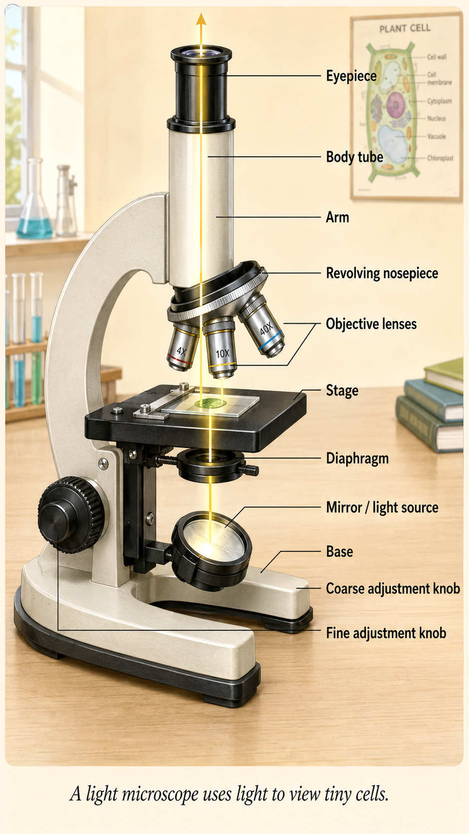 Image: A student looking through a light microscope in a school lab, with the microscope's eyepiece, body tube, objective lens, stage and mirror visible.