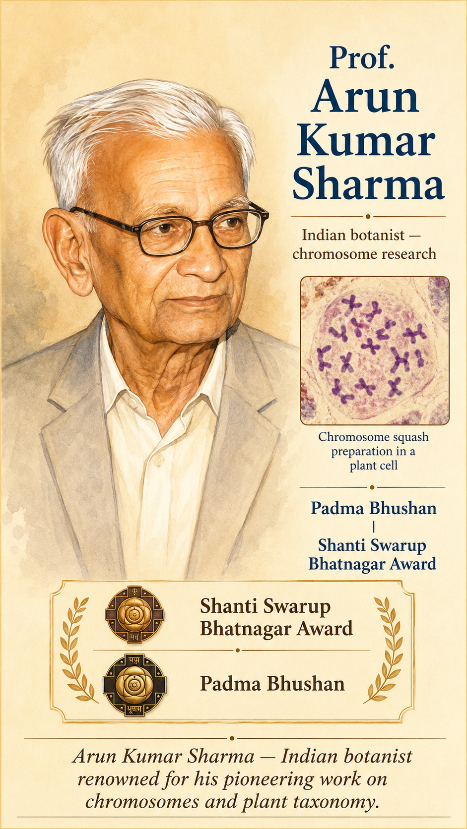 Image: A portrait of Indian scientist Arun Kumar Sharma, a famous botanist known for his work on chromosomes and plant taxonomy, who received the Shanti Swarup Bhatnagar award and Padma Bhushan.