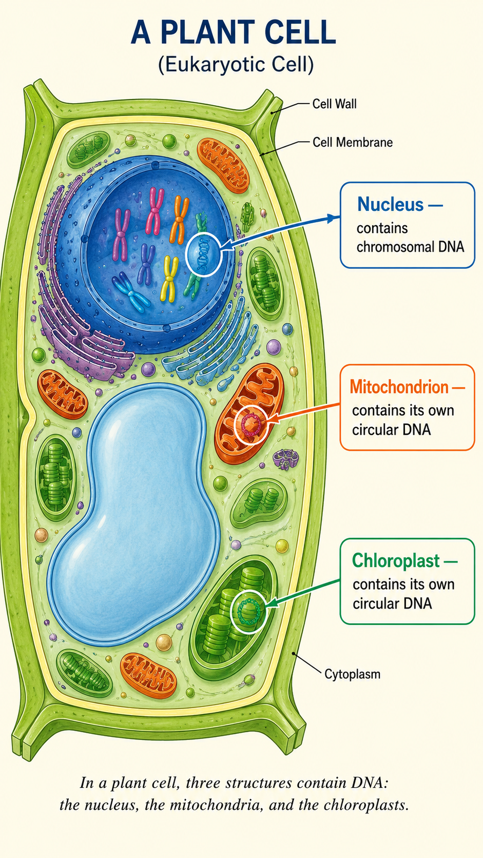 Image: A cell highlighting the three structures that contain DNA — the nucleus, the mitochondria and the chloroplasts — each shown with its own genetic material inside.