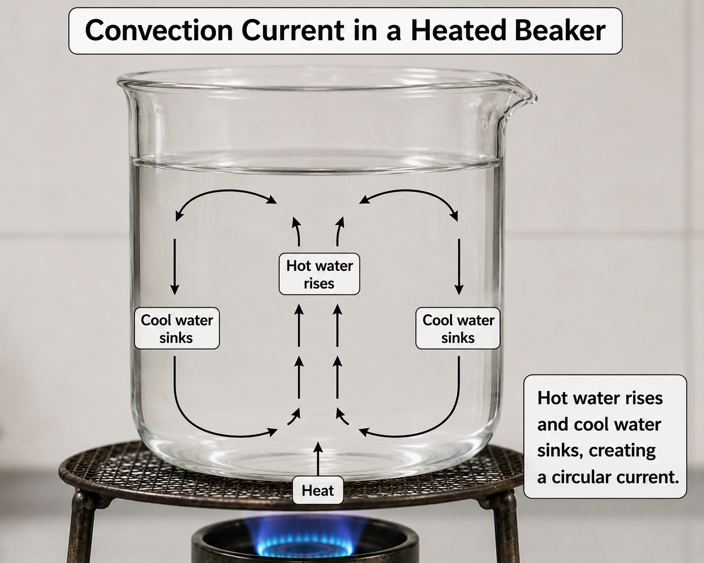 Image: A beaker of water being heated over a candle, with arrows showing coloured water rising from the bottom centre and coming down from the sides &mdash; demonstrating convection currents in liquids