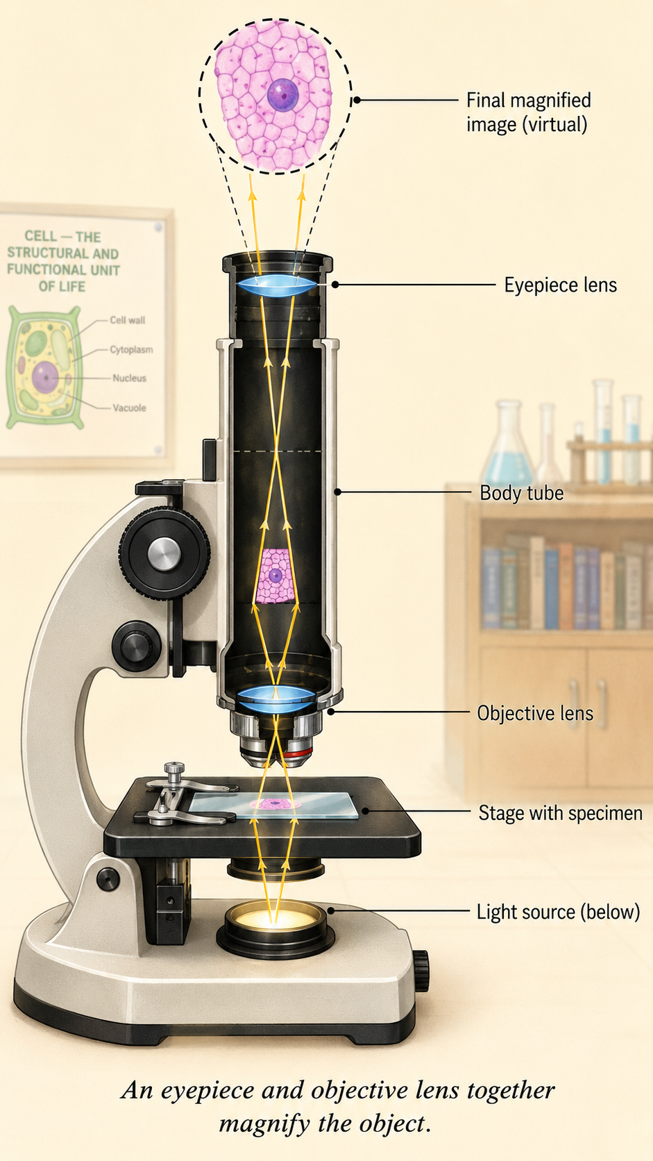 Image: A microscope with its eyepiece and objective lens labelled, showing how the two lenses together magnify a small object to make it appear much larger and clearer.