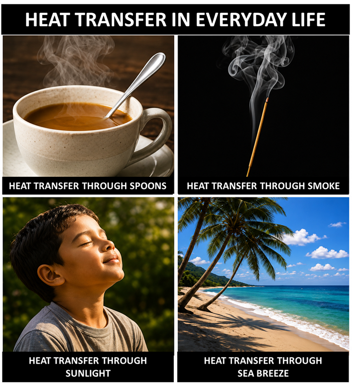 Image: A welcoming montage showing heat transfer in everyday life &mdash; a metal spoon in hot tea, smoke rising from incense, sunlight warming a child, and sea breeze at a beach &mdash; representing conduction, convection, and radiation