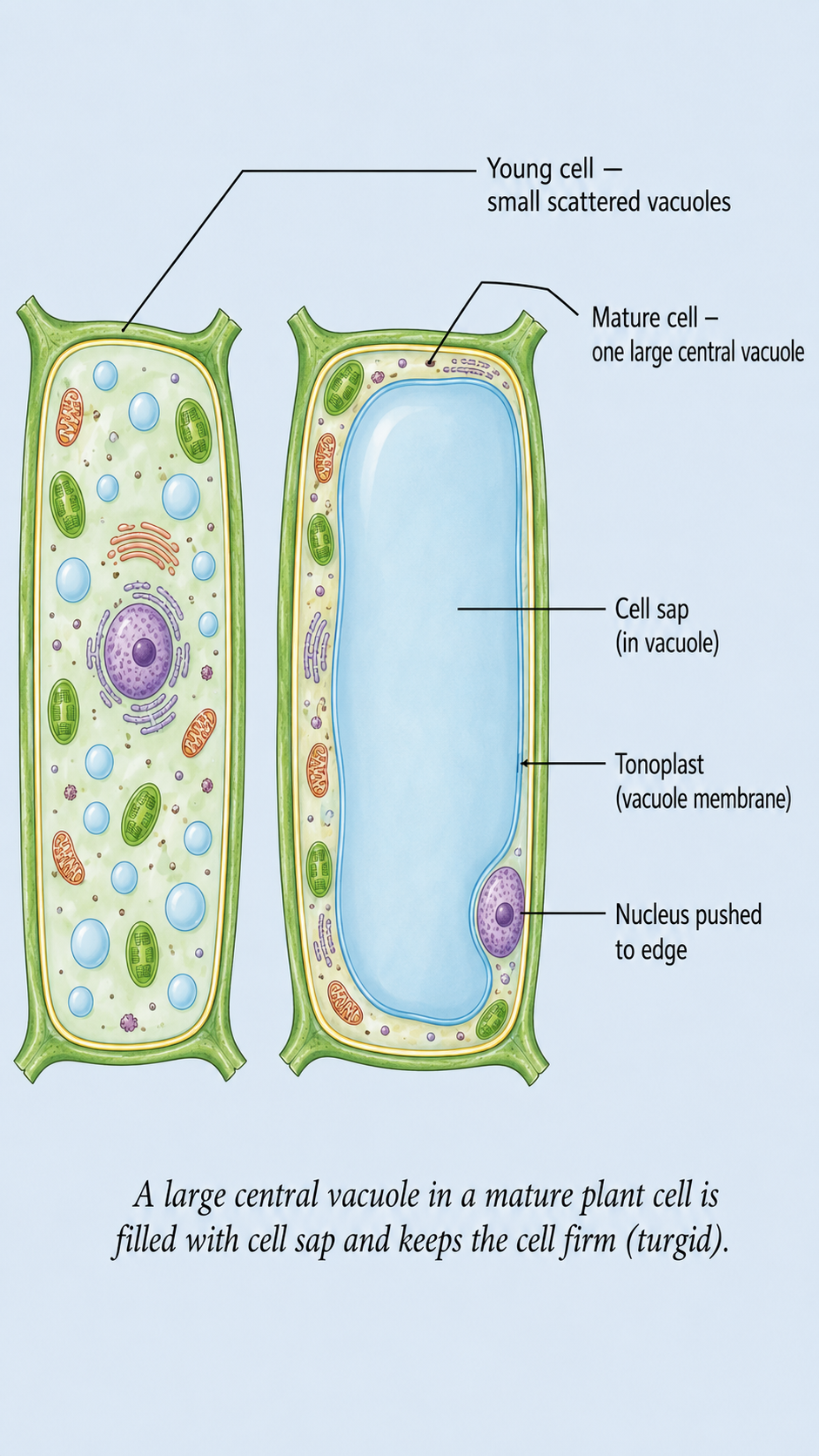 Image: A mature plant cell with one large central vacuole filled with cell sap pushing against the cell membrane, keeping the cell firm, beside a wilted cell where the vacuole has lost water.