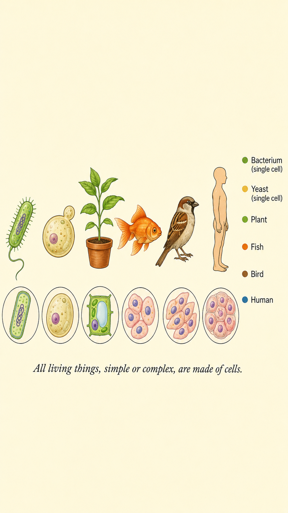 Image: A row showing a single-celled bacterium and yeast on one side and a multicellular plant, fish, bird and human on the other, all built from cells, showing the cell as the basic unit of life.