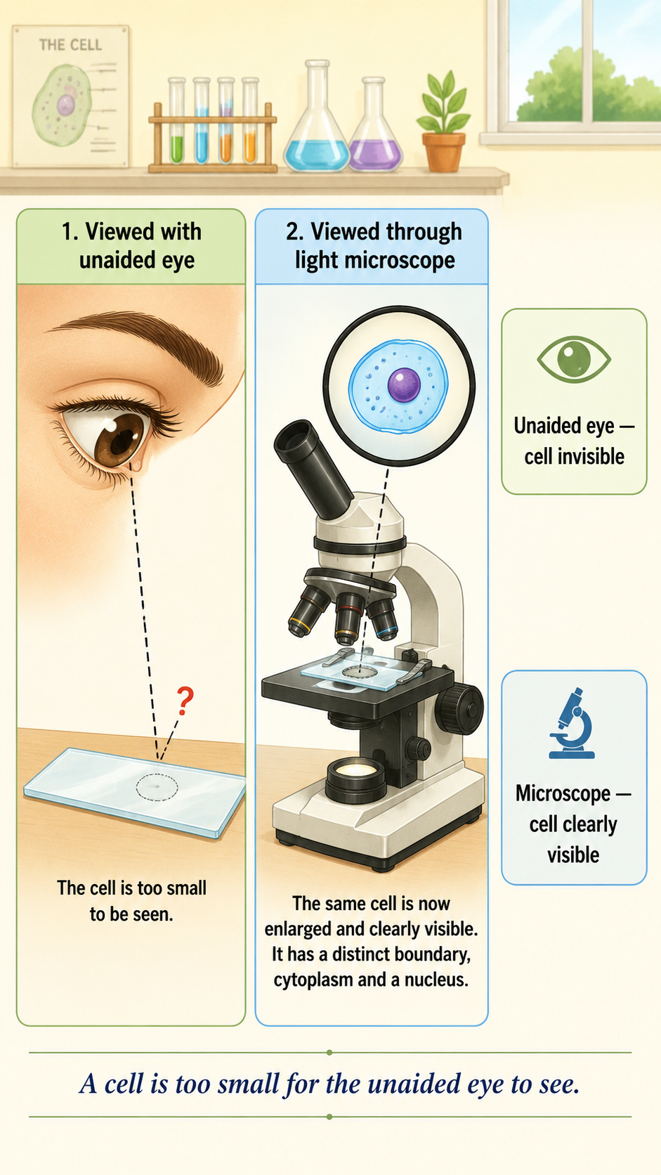 Image: A comparison showing a human eye unable to see a tiny single cell on one side, and the same cell appearing large and clear when viewed through a microscope on the other side.