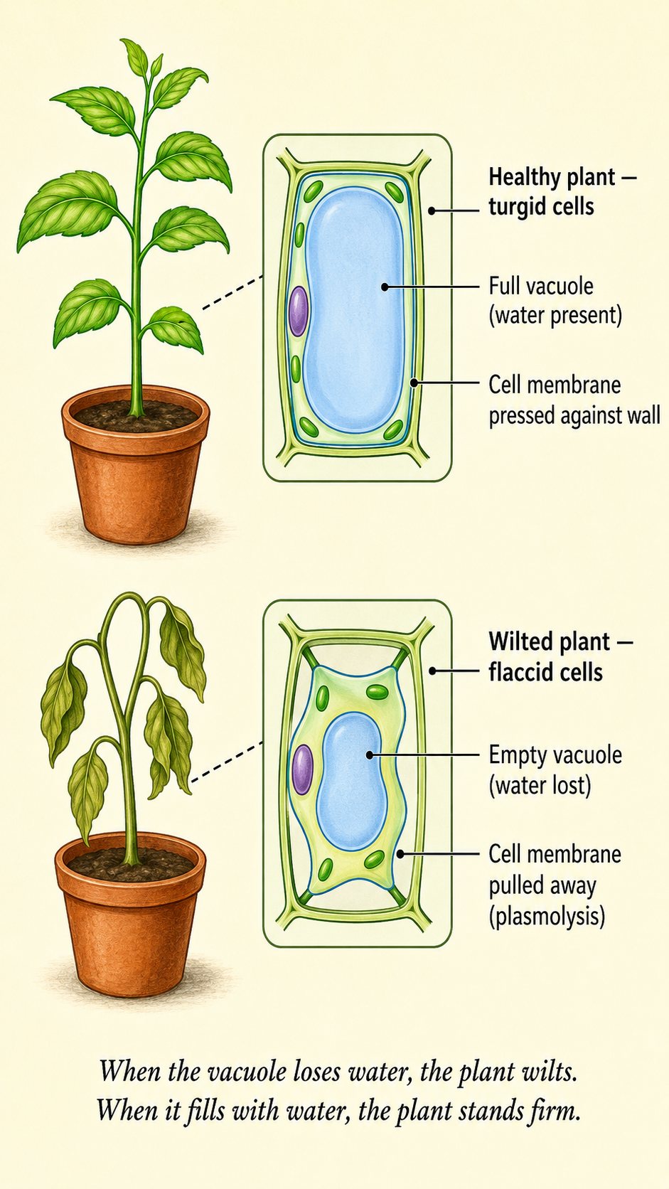 Image: A healthy upright plant beside a wilted drooping plant, with a zoom-in showing the central vacuole full of water keeping cells firm, and an empty vacuole making cells limp.