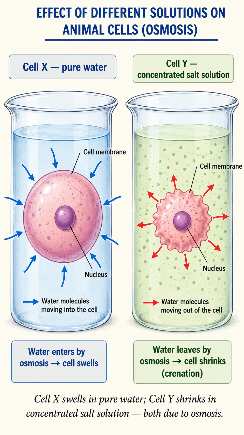 Image: Two animal cells, Cell X in pure water swelling as water enters it, and Cell Y in concentrated salt solution shrinking as water leaves it, with arrows showing water movement across the membranes.