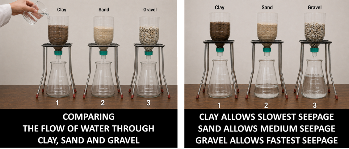 Image: Three identical plastic bottles arranged side by side, each with a hole in the bottom and filled with different materials &mdash; bottle 1 with clay, bottle 2 with sand, bottle 3 with gravel &mdash; water is poured into each and beakers below collect the seepage, with gravel collecting the most water and clay the least