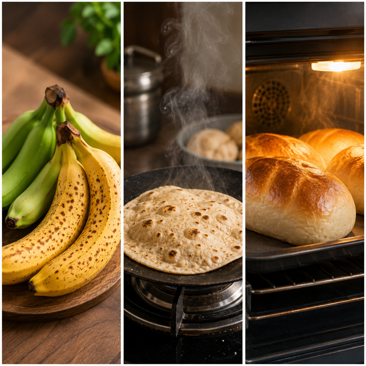 Image: Examples of desirable changes — ripening fruit, cooking food, baking bread