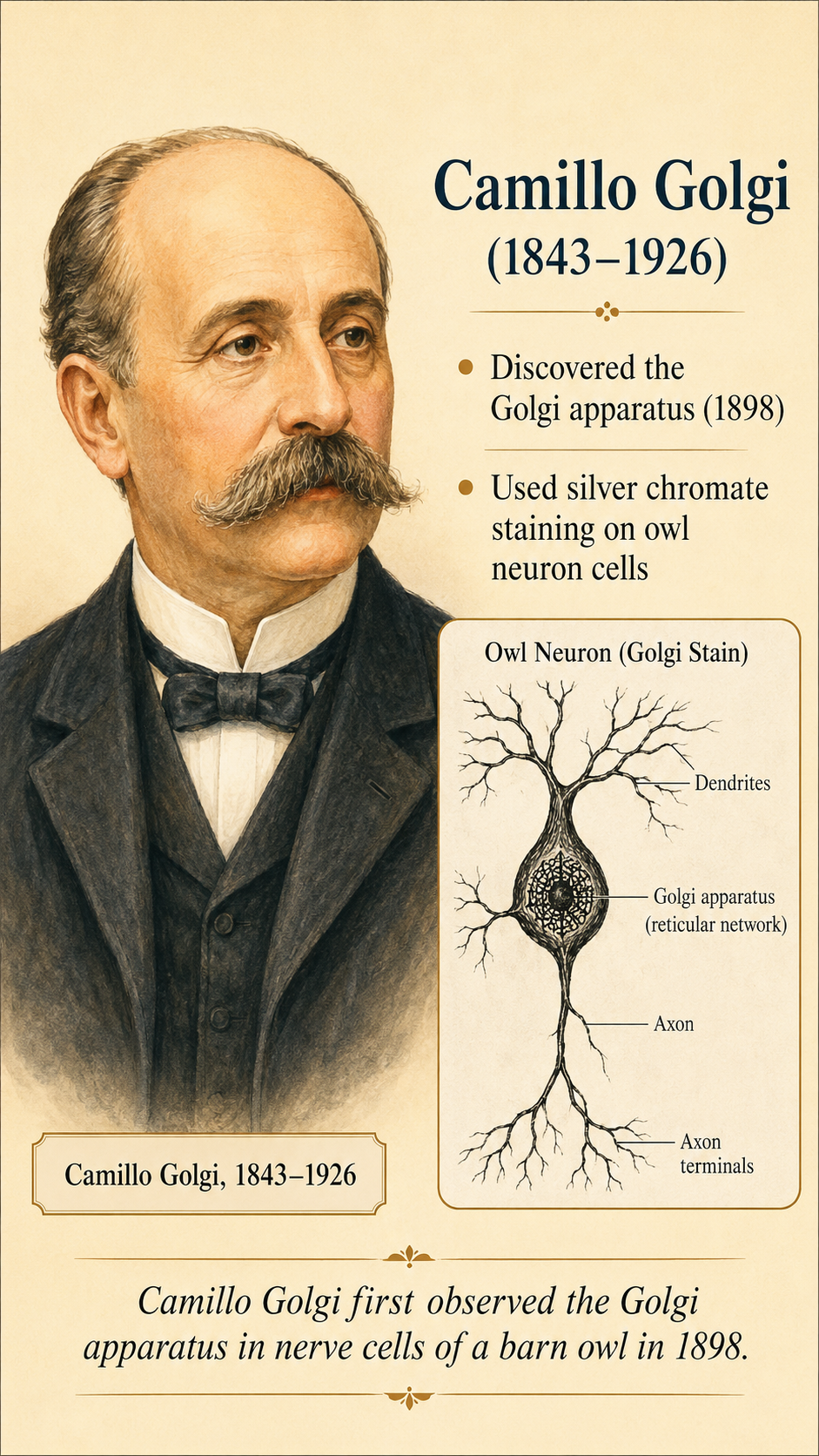 Image: A portrait of Italian scientist Camillo Golgi, who first observed the Golgi apparatus in 1898 in the nerve cells of a barn owl using special staining techniques.