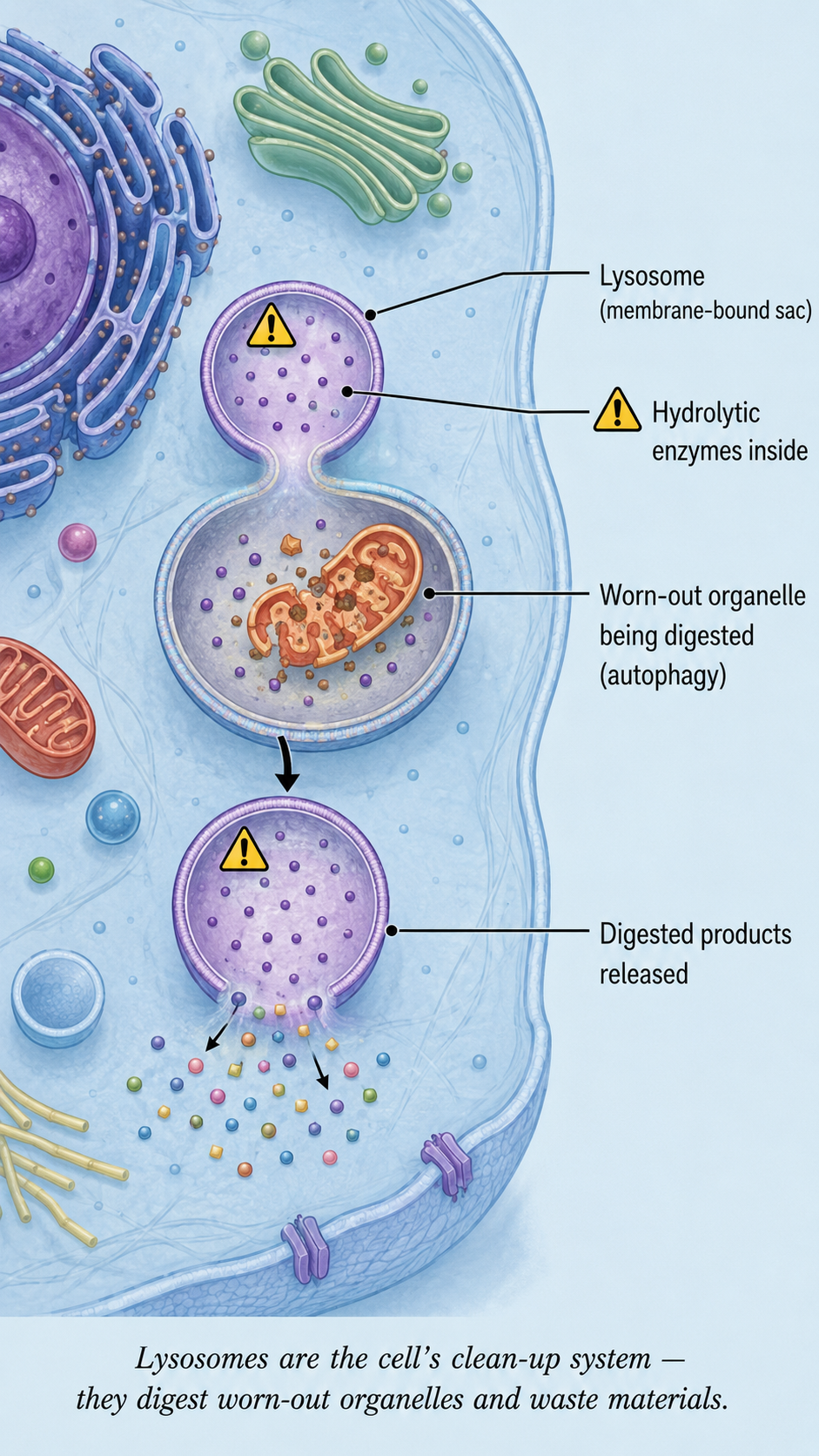 Image: A lysosome shown as a small round membrane-bound sac filled with enzymes, breaking down waste materials and worn-out cell parts inside a cell, acting as the clean-up system.