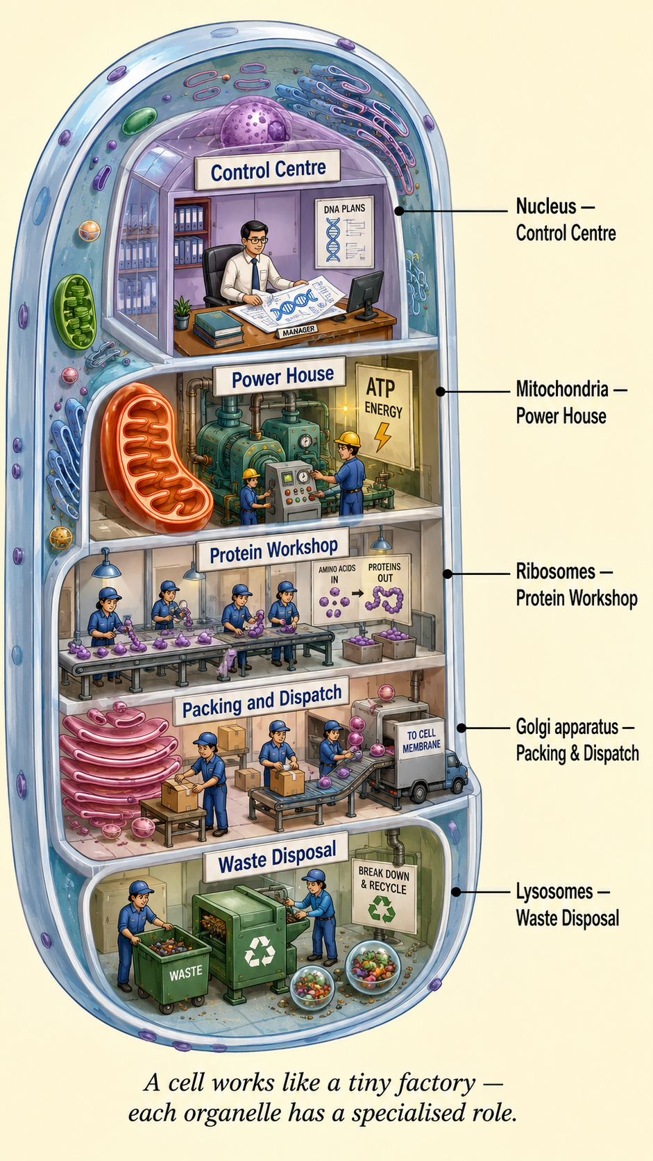 Image: A cell drawn like a tiny factory, with different organelles shown as little workshops — one building materials, one packing, one cleaning, and one powering machines — to show each organelle does a specific job.