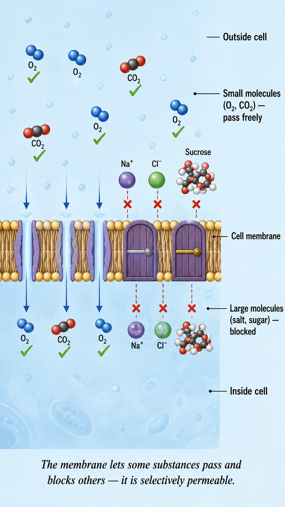 Image: A cell membrane shown as a careful gatekeeper, letting small molecules like oxygen and carbon dioxide pass through while blocking larger salt and sugar molecules, illustrating selective permeability.