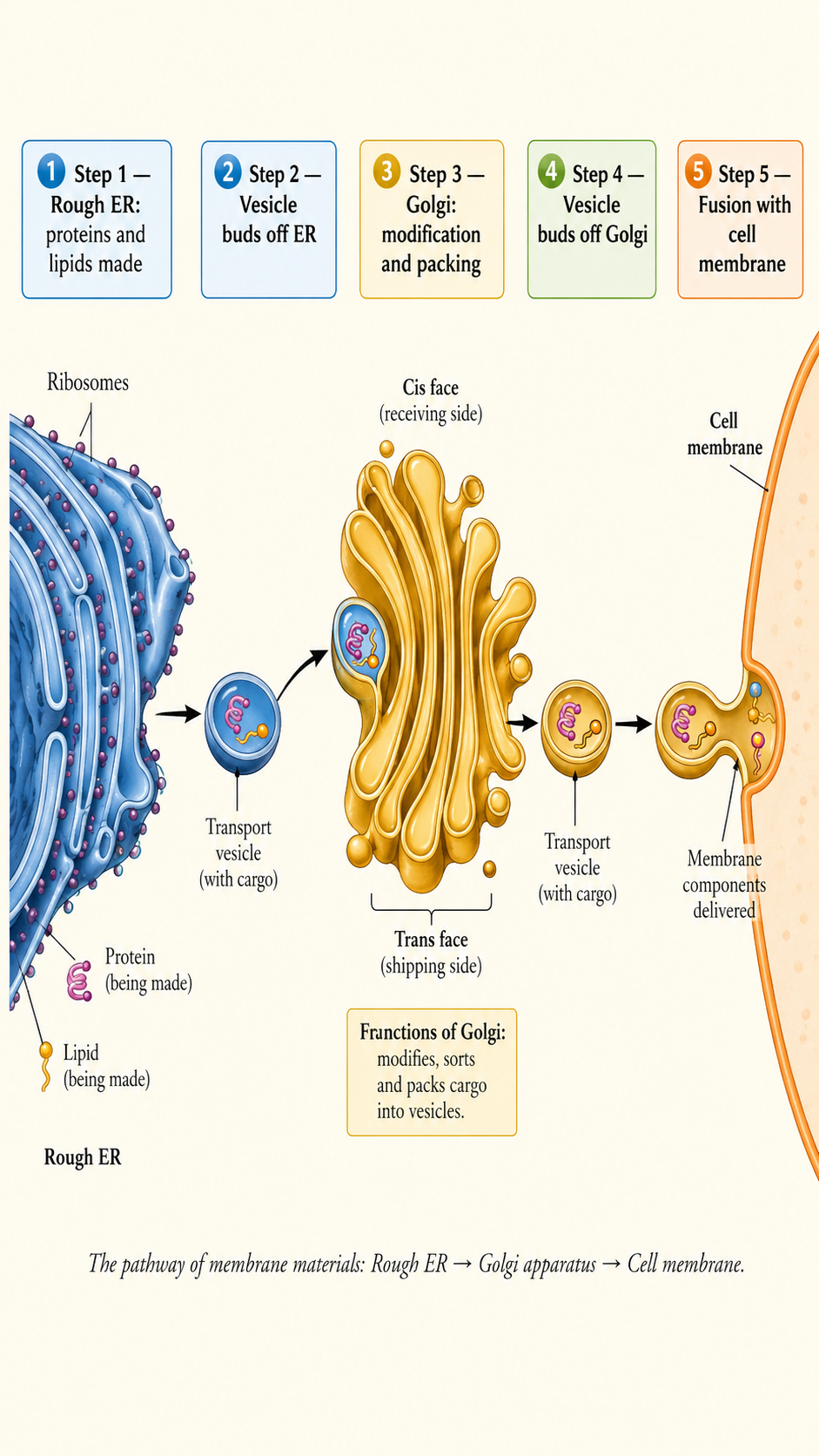 Image: A pathway diagram showing proteins and lipids made in the endoplasmic reticulum, then moving to the Golgi apparatus for packing into vesicles, which travel to and join the cell membrane.