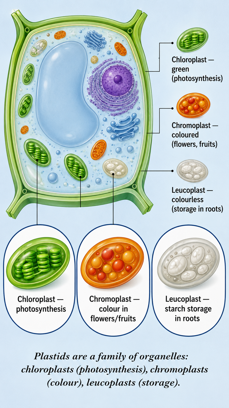 Image: A diagram of a chloroplast showing its outer and inner membranes, the semi-fluid stroma inside, disc-shaped membrane structures containing chlorophyll, and its own DNA and ribosomes.