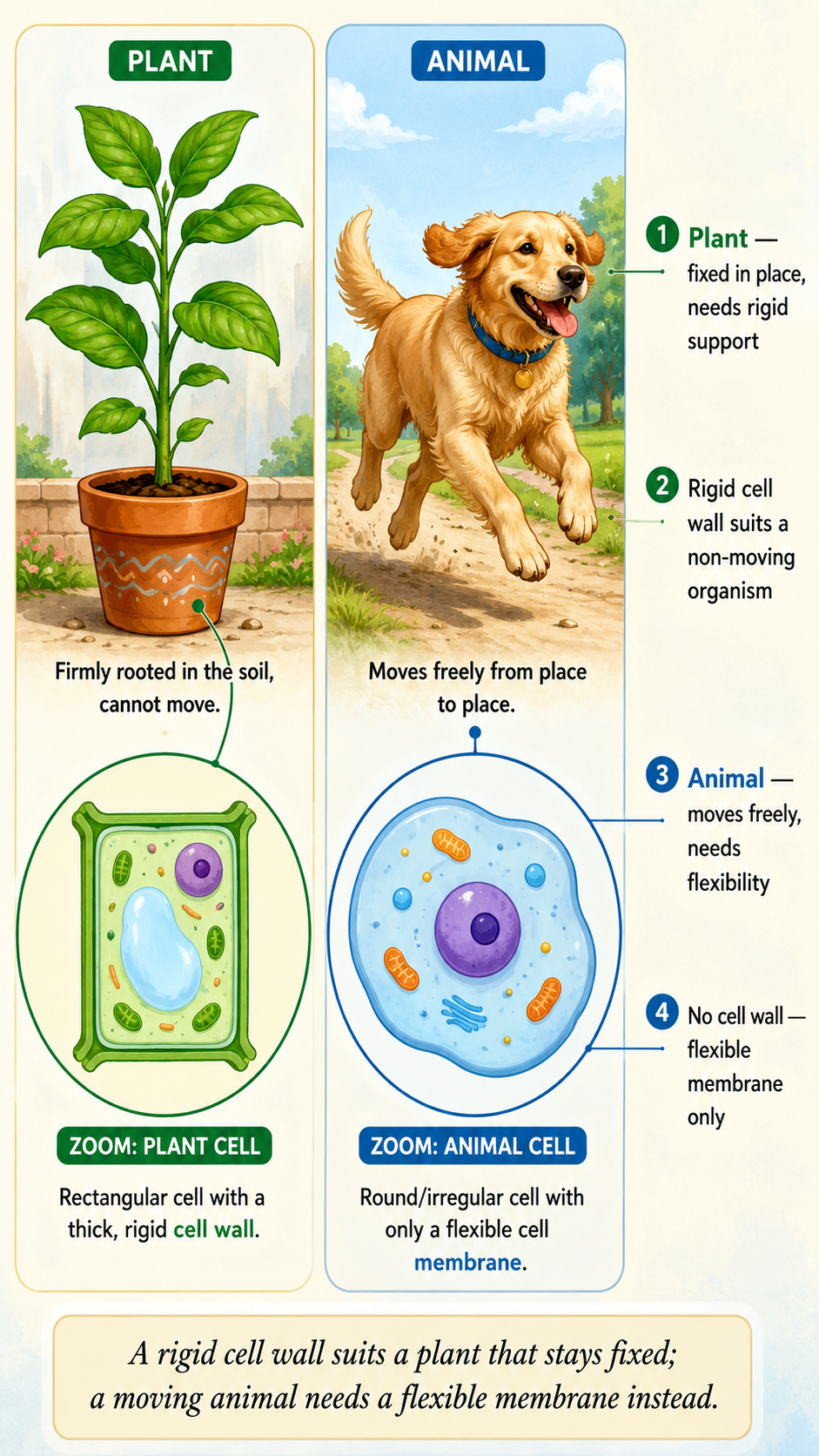 Image: A side-by-side scene of a firmly rooted plant standing still and an animal moving freely, prompting thought about why a rigid cell wall suits a fixed plant but not a moving animal.