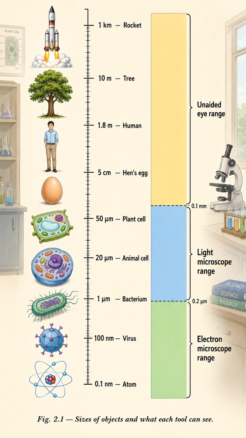 Image: A size scale chart from 1 kilometre down to 0.1 nanometre, showing where a rocket, a tree, a human, a chicken egg, plant and animal cells, bacteria, viruses and atoms fall, with bars marking the unaided eye, light microscope and electron microscope ranges.