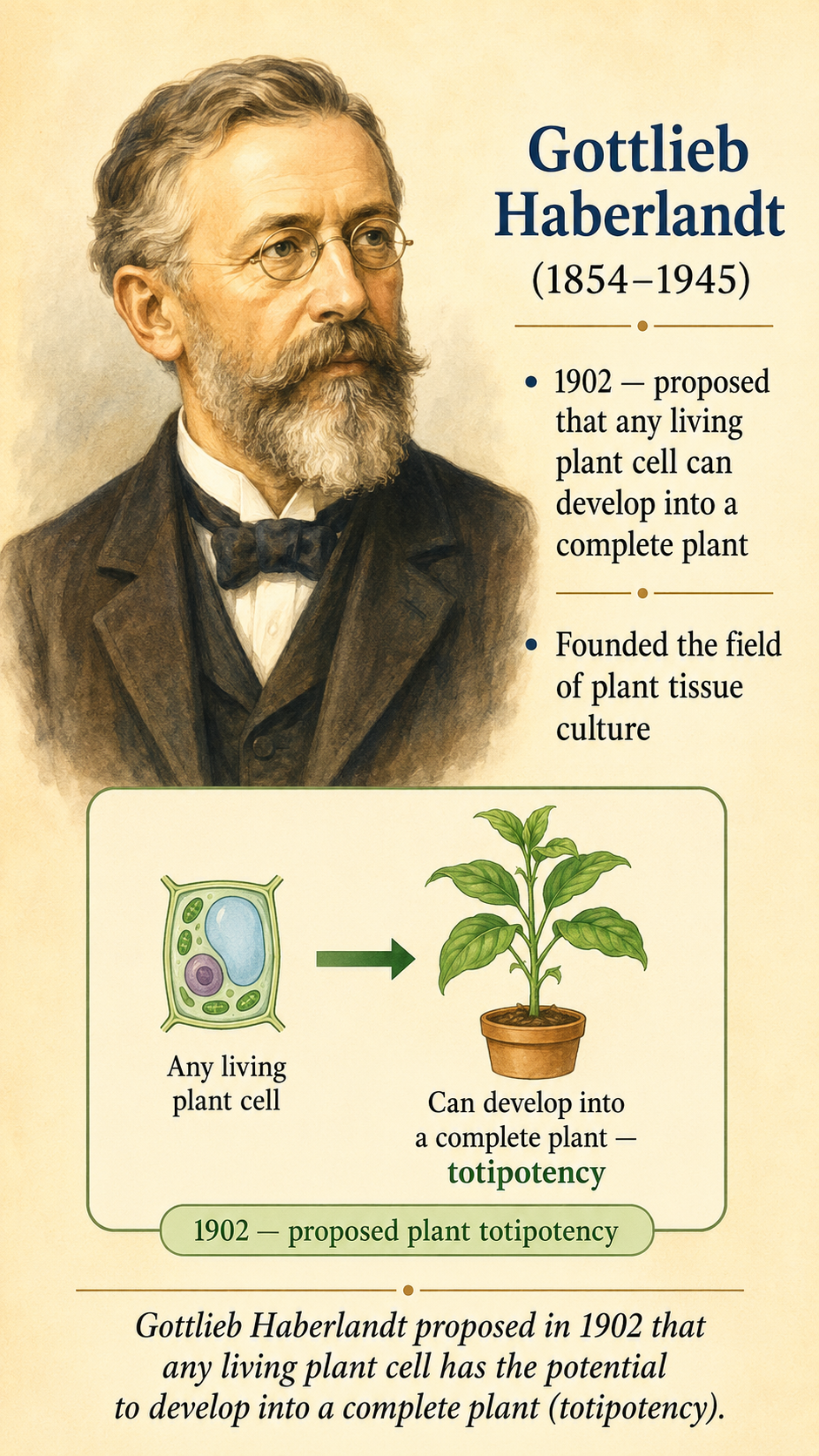 Image: A portrait of Austrian botanist Gottlieb Haberlandt, who in 1902 proposed that any living plant cell can develop into a complete plant, founding the field of plant tissue culture.